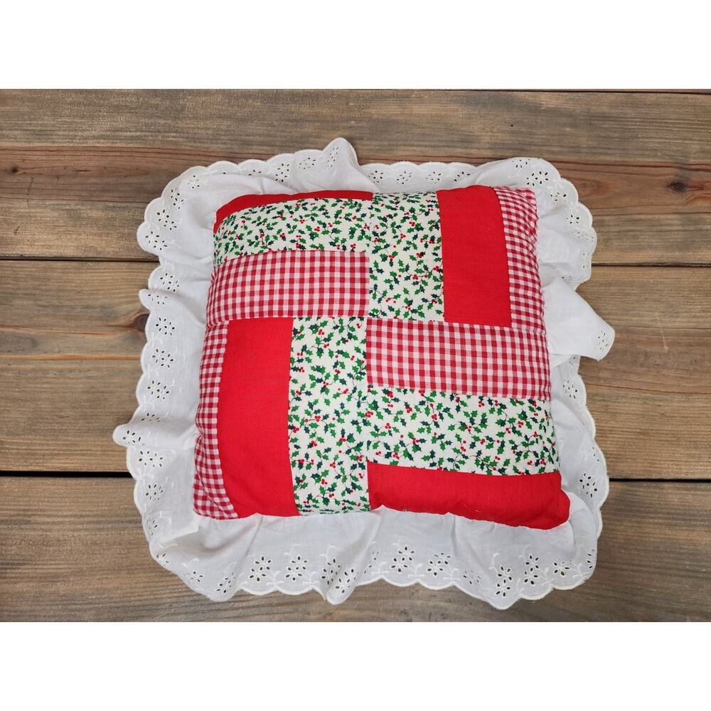 Vtg Handmade Christmas Throw Pillow Quilted Squares 10x10” Lace Edge Retro